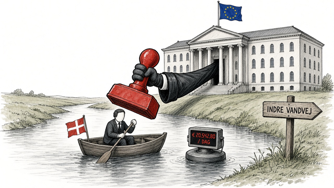 Satirisk tegning. En ansigtsløs embedsmand i jakkesæt ror en lille træbåd med Dannebrog ned ad en smal å. Et skilt på bredden siger »INDRE VANDVEJ«. Fra en stor domstolsbygning med EU-flag på taget rækker en arm i dommerkappe et kæmpe rødt stempel ud over båden. Ved siden af båden flyder et taxameter på en bøje, der viser »€ 20.542,80 / DAG«.