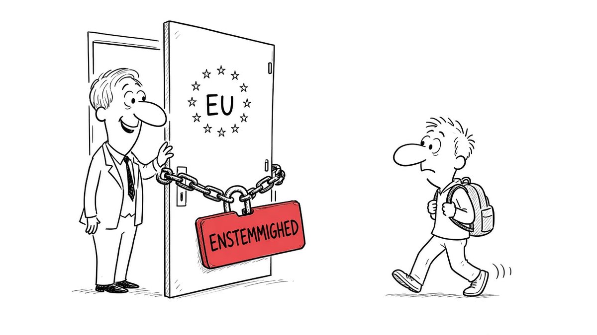 Satirisk tegning. En smilende EU-embedsmand med stor næse holder en dør med EU-stjerner åben. En ung studerende med rygsæk og stor næse går hen mod døren, men døråbningen er spærret af en kæde med en rød hængelås, hvor der står »ENSTEMMIGHED«.