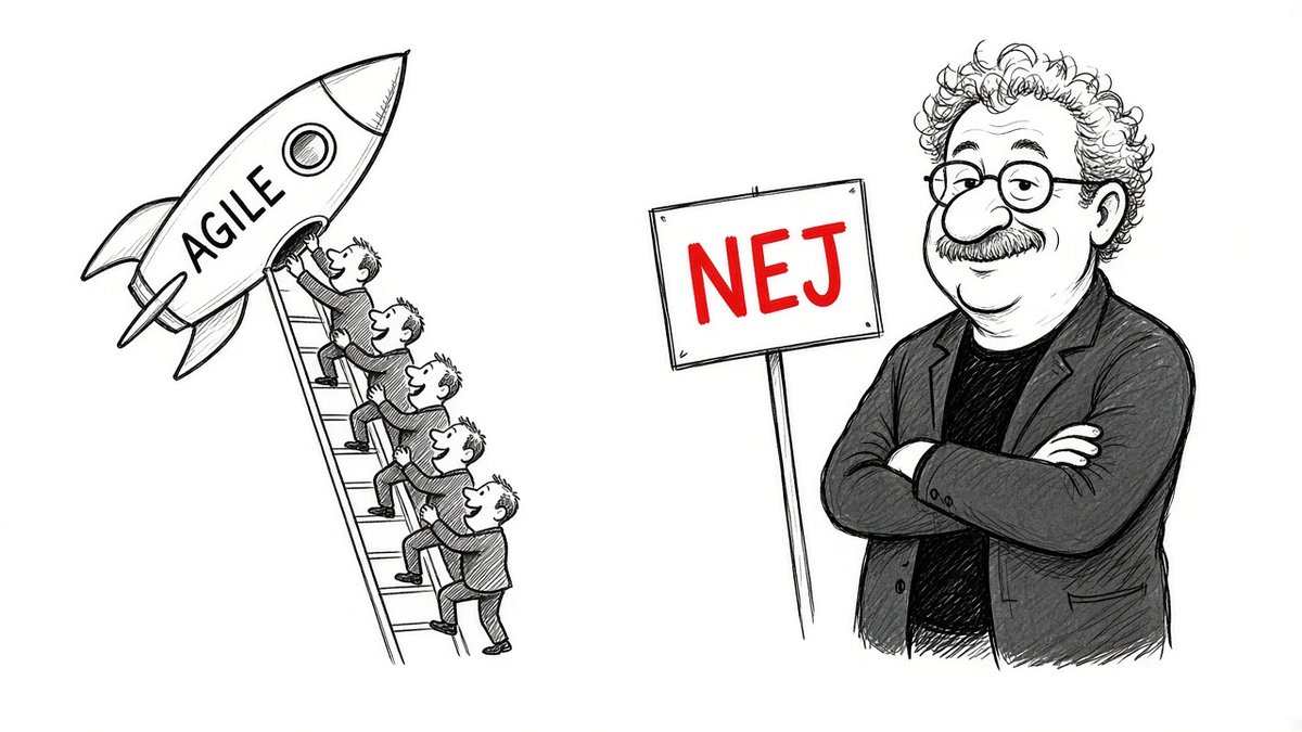 Karikatur af Per Clausen (EL), der med armene over kors holder et rødt NEJ-skilt, mens en kø af små MEP'er klatrer op i en legetøjsraket mærket AGILE