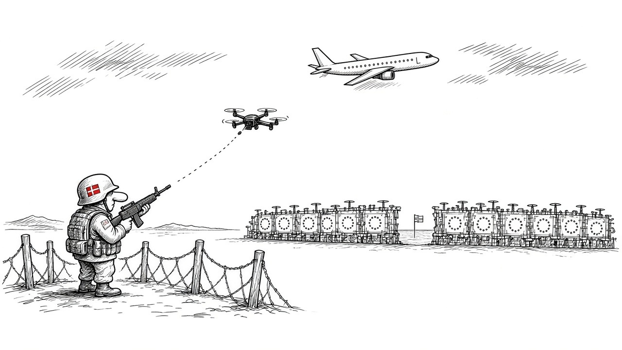 Tegning af en dansk soldat med stor næse og rødt-hvidt flag på hjelmen, der skyder efter en drone ved et hegn, mens et passagerfly flyver højt oppe, og en lang mur af moduler med EU-stjerner står i baggrunden med et hul i midten