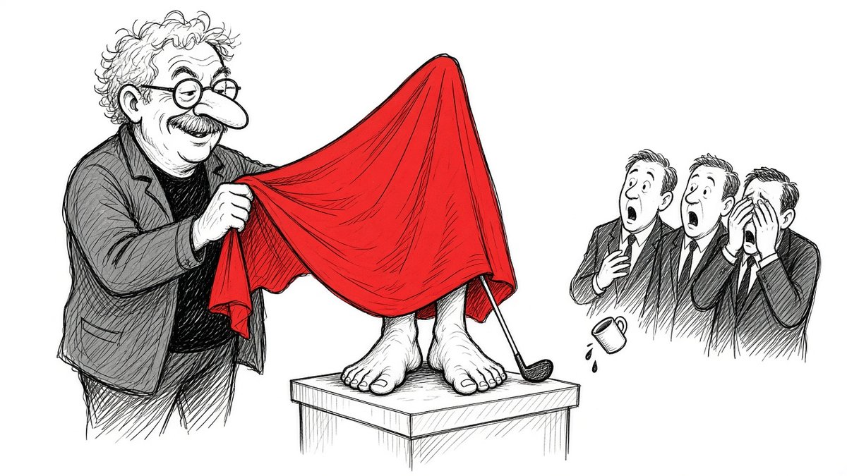 Karikatur af Per Clausen (EL), der trækker et rødt klæde af en statue, så kun to bare fødder og en golfkølle er synlige, mens tre små politikere gisper