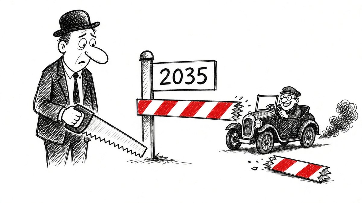 Tegning af en anonym embedsmand med sav ved en bom mærket 2035, hvor et hjørne er savet af, så en lille osende benzinbil kan snige sig igennem