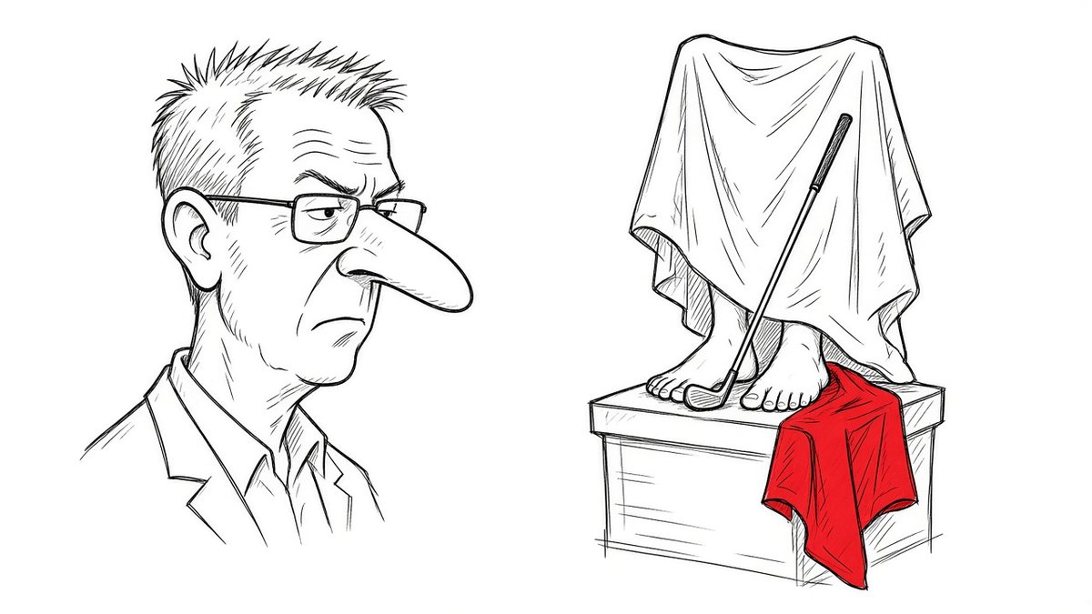Karikatur af Henrik Dahl (LA), der ser skeptisk på en tilsløret statue med bare fødder, golfkølle og rødt klæde