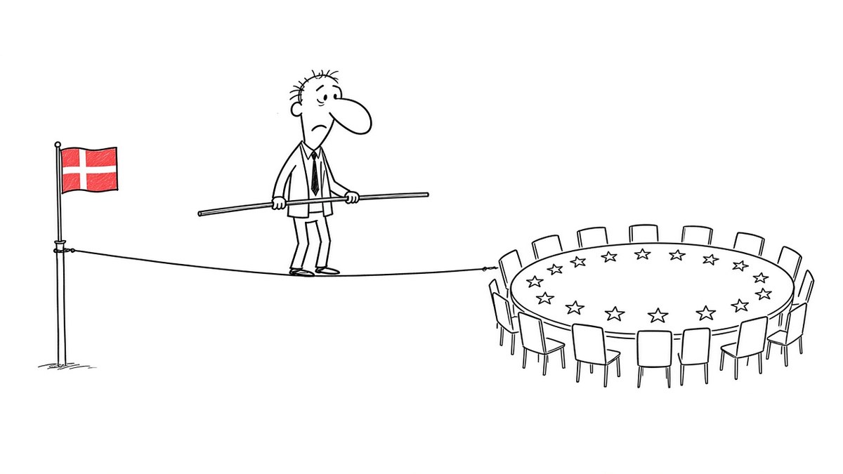 Tegning af en embedsmand med stor næse, der balancerer på en line spændt ud mellem en flagstang med et dannebrogsflag og et rundt mødebord med EU-stjerner og tomme stole