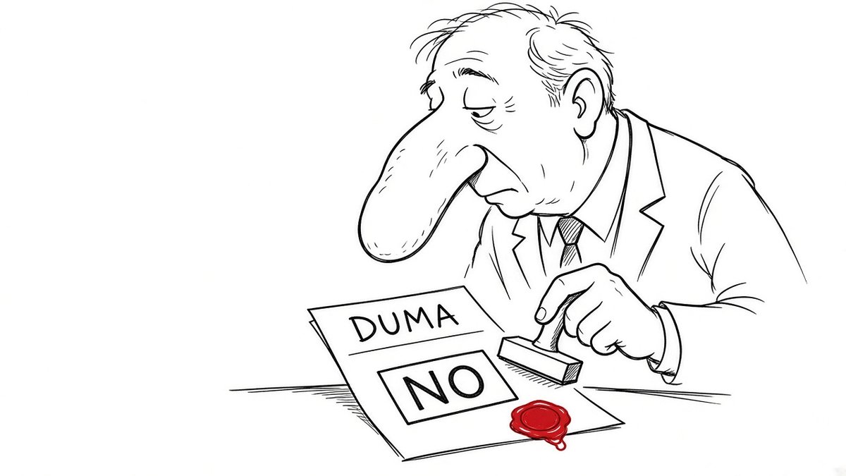 Karikatur af anonym embedsmand, der stempler NO på et papir mærket DUMA med rødt segl