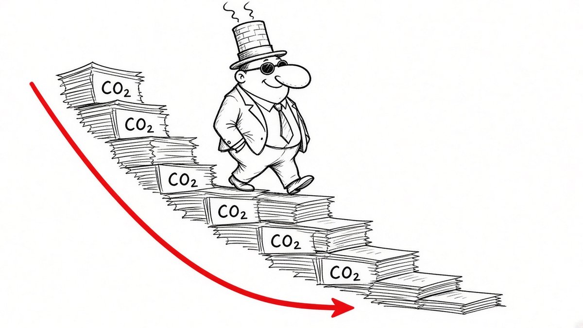Tegning af en anonym industrimand, der går ned ad en trappe af CO2-kvoter, hvor trinene bliver stadig fladere, med en rød pil der flader ud