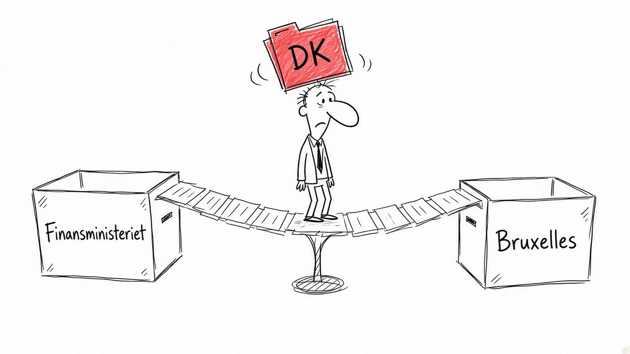 Karikatur af en anonym embedsmand, der balancerer på en papirbro mellem Finansministeriet og Bruxelles med en rød DK-mappe på hovedet