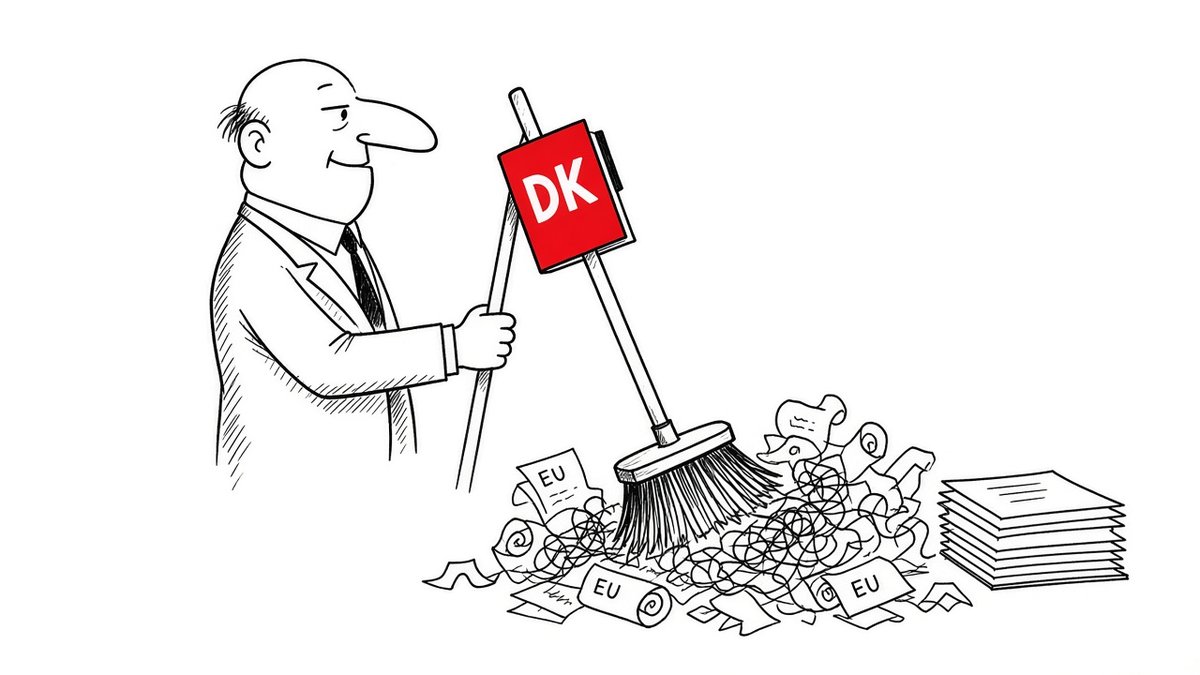 Karikatur af en EU-embedsmand, der fejer bunker af paragraffer væk med en rød kost, mens en lille virksomhedsejer ser lettet til