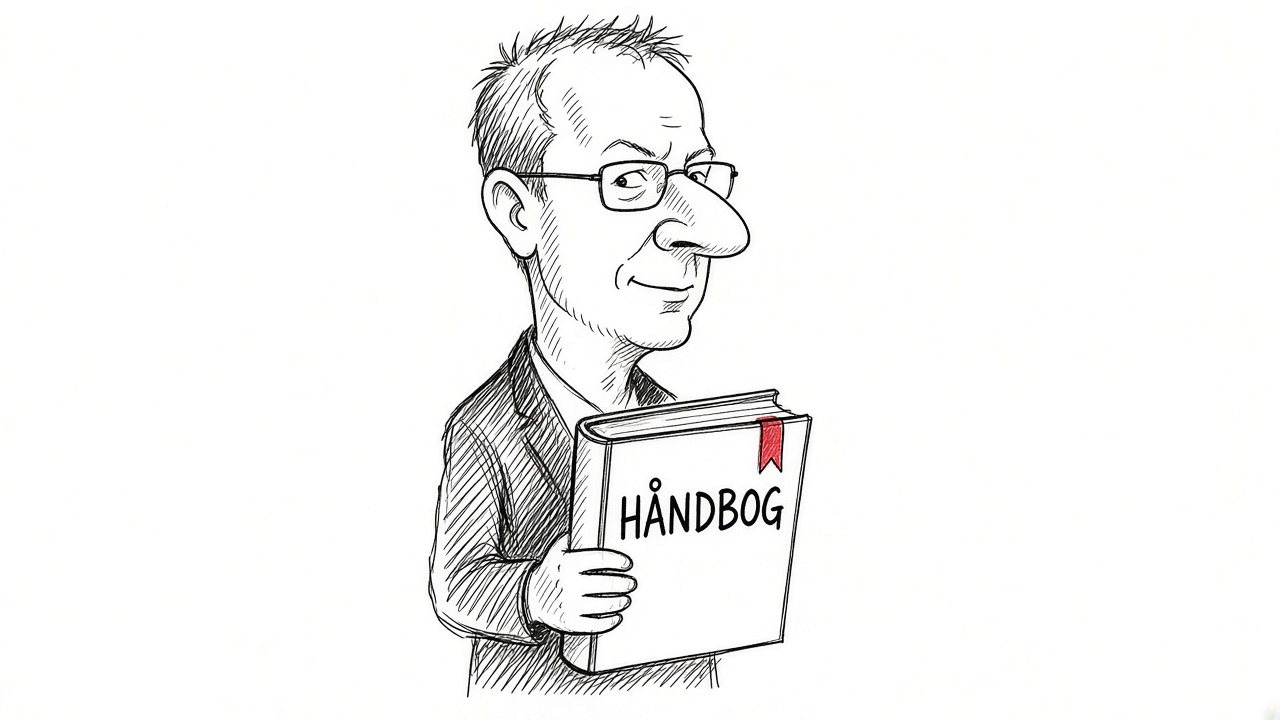 Karikatur af Jacob Langvad med briller og stor næse, der holder håndbogen