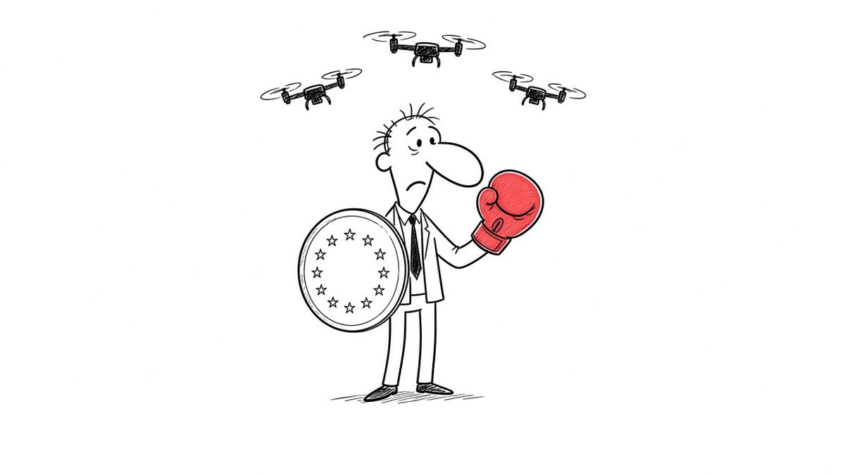 Tegning af en embedsmand med stor næse, der holder et skjold med EU-stjerner i den ene hånd og en rød boksehandske i den anden, mens tre droner summer over hovedet på ham