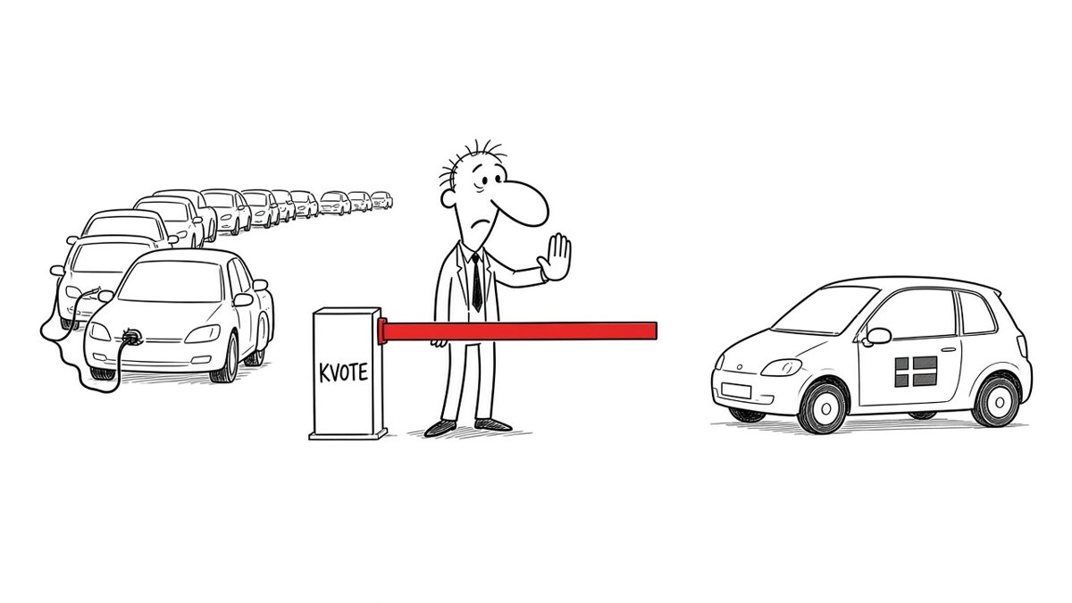 Tegning af en tolder med stor næse, der stopper en lang kø af hybridbiler med ladekabler ved en rød bom mærket KVOTE, mens en lille elbil med dansk flag kører forbi ved siden af