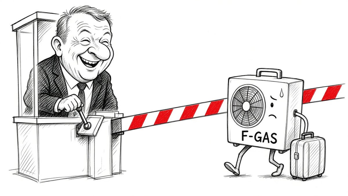 Karikatur af Lars Løkke Rasmussen som grænsevagt, der sænker en rød bom foran en varmepumpe med kuffert, der prøver at snige sig ud