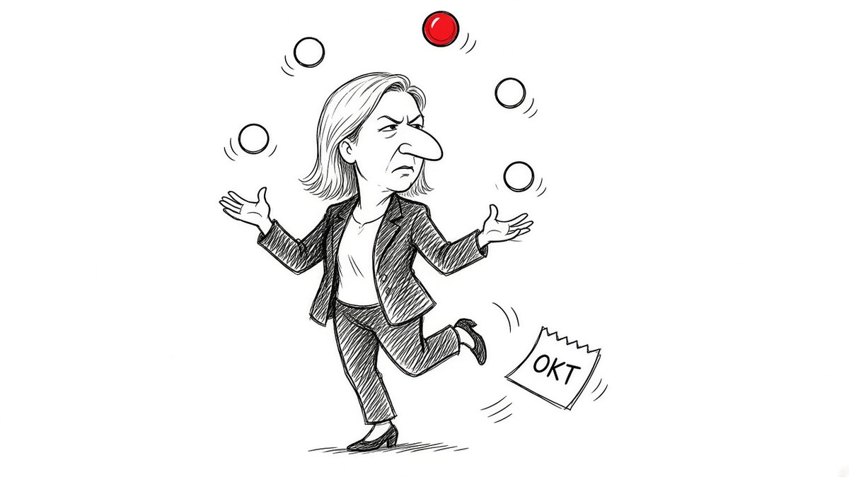 Karikatur af Mette Frederiksen, der jonglerer med fem bolde – den øverste rød – mens et kalenderblad for oktober flagrer ved hendes fødder
