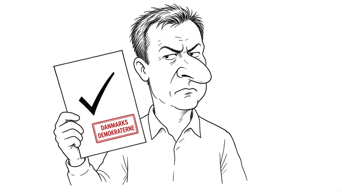Karikatur af Kristoffer Storm (DD) med stemmeseddel og rødt Danmarksdemokraterne-stempel