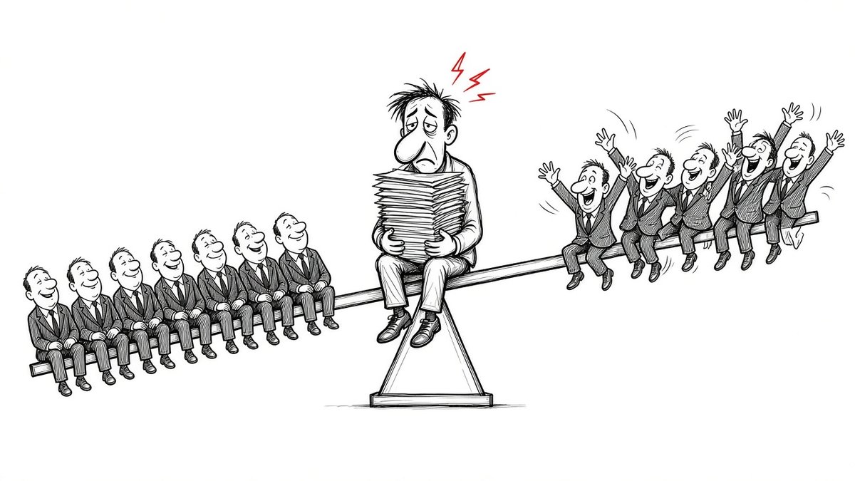 Tegning af en vippe med syv små MEP'er i den ene ende og seks i den anden, mens en stresset kontoransat balancerer på midten med en vaklende papirbunke