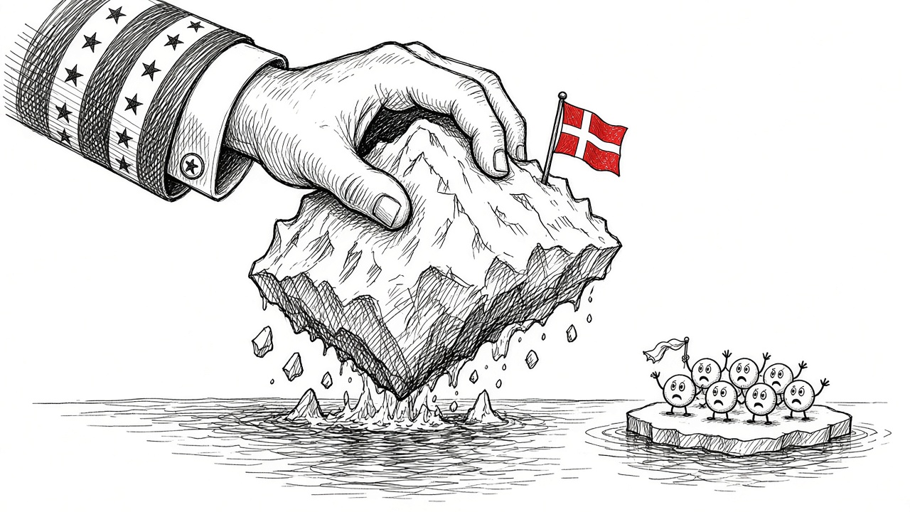 Tegning af en hånd i et stjernebesat ærme, der holder en kikkert rettet mod et isbjerg med Dannebrog på toppen, mens en ring af EU-stjerner ligger i vandet omkring isbjerget